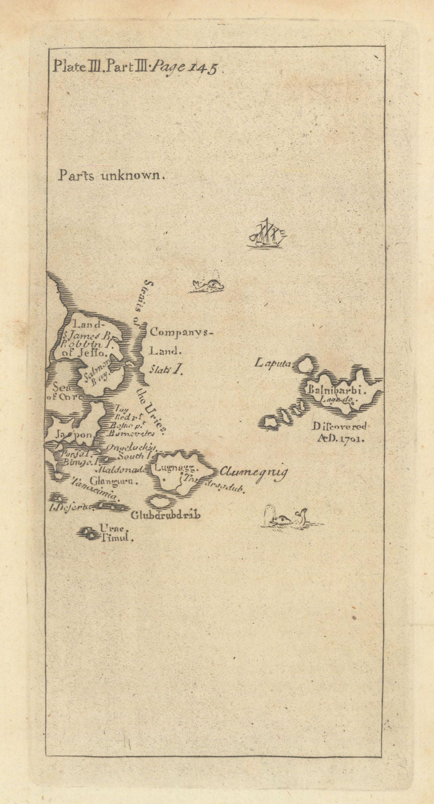 Laputa, Balnibarbi, Luggnagg, Glubbdubdrib & Japan. Gulliver's Travels 1751 map